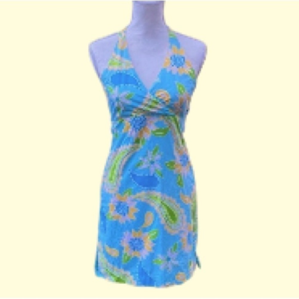 Lilly Pulitzer Girls Size 16 Halter Dress Yellow Blue Green White Label